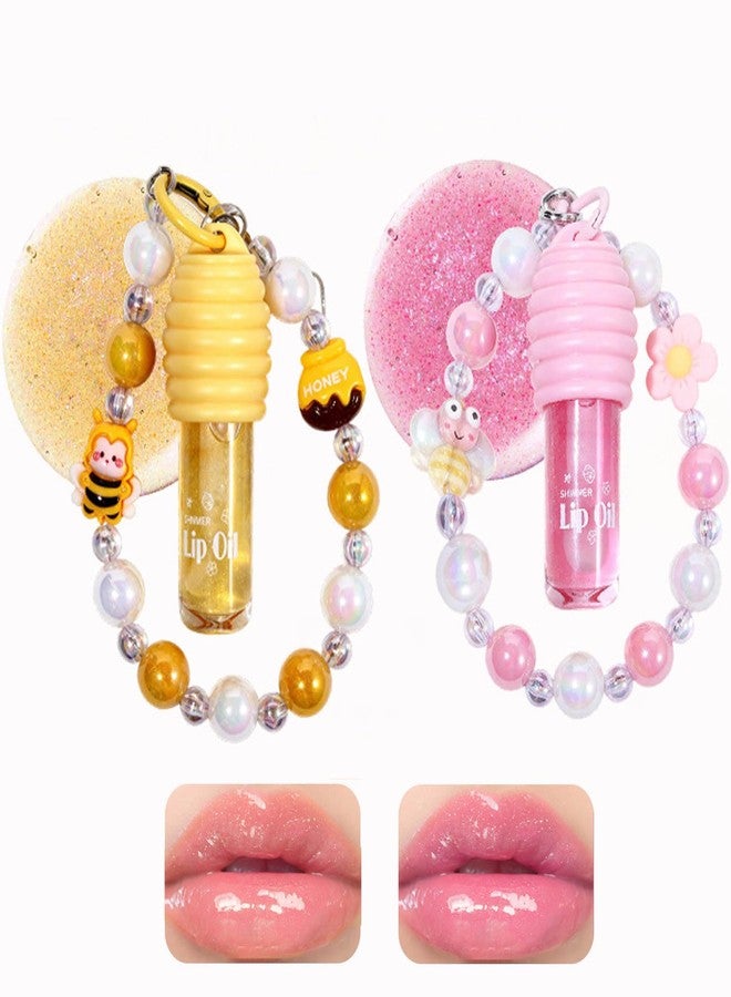 KTouler 2Pcs Glitter Lip Gloss with Keychain and Beaded Phone Wrist Strap,Cute Clear Pink Honey Lip Gloss Set for Girls,Hydrating Fruit Flavored Tinted Girls Lip Oil Stain Long Lasting With Box Gifts - Image 1